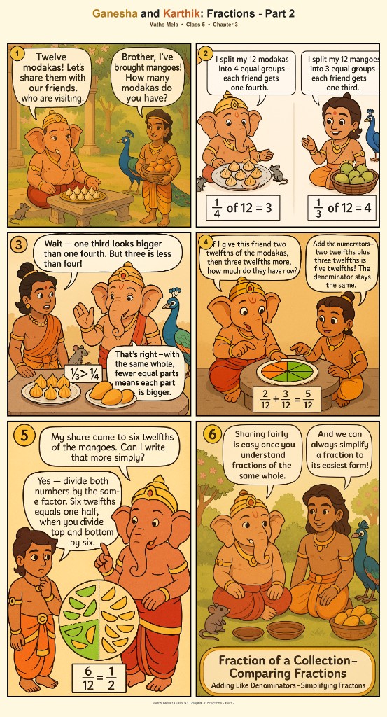 Ganesha and Karthik learn fractions by sharing modakas and mangoes